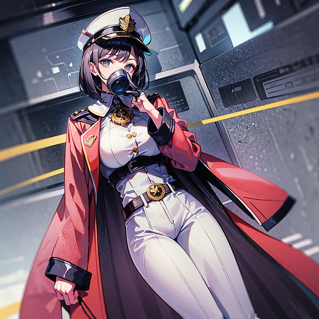 (((masterpiece)))、(((Top image quality)))、(((top-quality)))、((highly detailed unity 8kwall-paper))、(Illustration of one woman)、30-years old、(Viceroy)、Black hair bob cut、(((Gas mask covering the mouth)))、Gray eyes、(((Sanpaku eyes)))、((Tall))、((huge tit))、((Military uniforms))、((Military Cap))、((Military coat))、(white clothes)、(White pants)、(White cap)、trench coat、(((Inside the spaceship)))