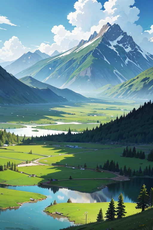 Painting of field lake with mountains as background, Anime countryside landscape, Anime landscapes, Anime landscapes, attack on titan scenery, Anime beautiful peaceful scene, 美丽的Anime landscapes, Screenshot of the 2012 animation, atmospheric anime, beautiful anime scenes, anime movie backgrounds, epic landscapes, anime atmospheric