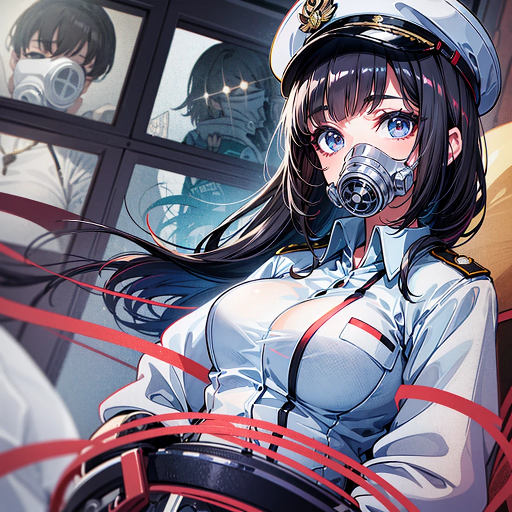 (((masterpiece)))、(((Top image quality)))、(((top-quality)))、((highly detailed unity 8kwall-paper))、(Illustration of one woman)、30-years old、(Viceroy)、Black hair bob cut、(((Gas mask covering the mouth)))、Gray eyes、(((Sanpaku eyes)))、((Tall))、((huge tit))、((Military uniforms))、((Military Cap))、((Military coat))、(white clothes)、(White pants)、(White cap)、trench coat、(((Inside the spaceship)))
