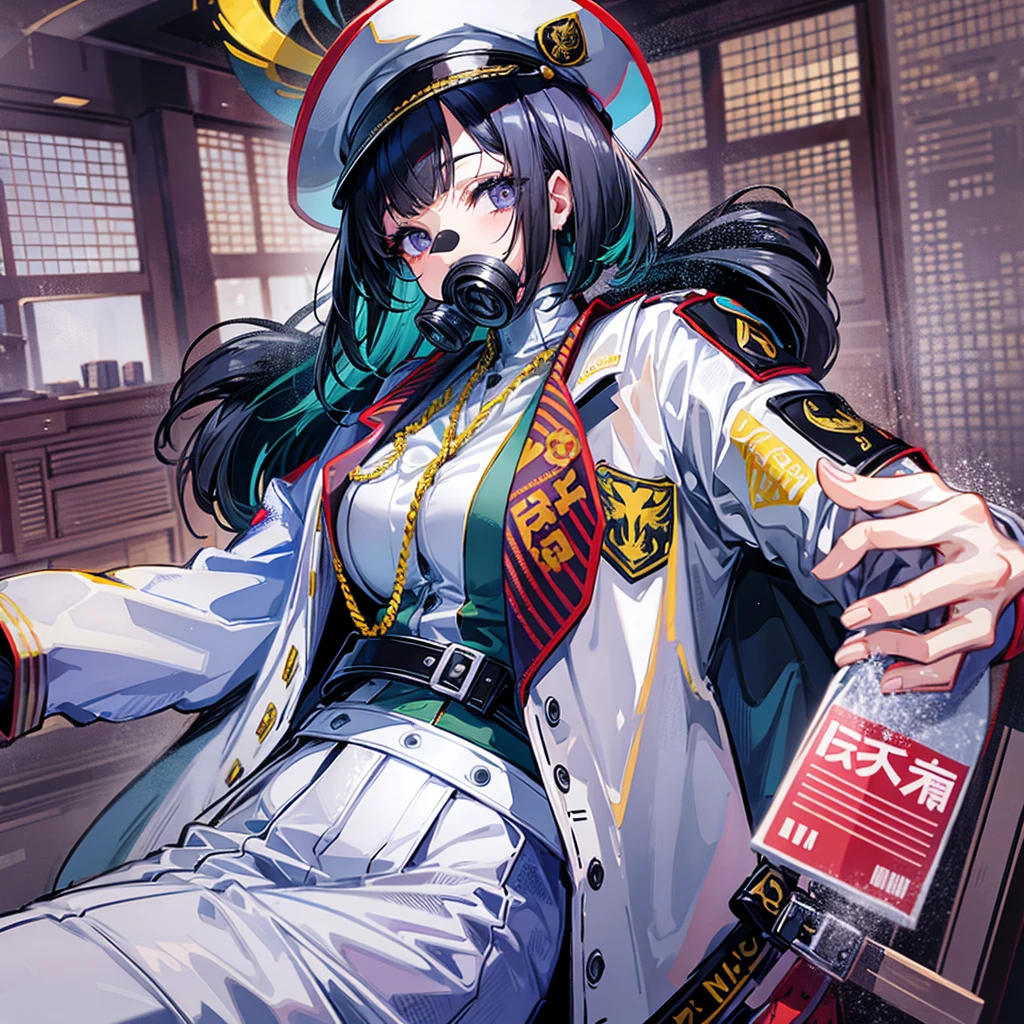 (((masterpiece)))、(((Top image quality)))、(((top-quality)))、((highly detailed unity 8kwall-paper))、(Illustration of one woman)、30-years old、(Viceroy)、Black hair bob cut、(((Gas mask covering the mouth)))、Gray eyes、(((Sanpaku eyes)))、((Tall))、((huge tit))、((Military uniforms))、((Military Cap))、((Military coat))、(white clothes)、(White pants)、(White cap)、trench coat、(((Inside the spaceship)))
