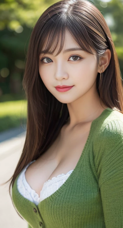 masutepiece, Best Quality, Photorealsitic, finely detail, hight resolution, 8K Wallpapers, Perfect dynamic composition, Beautiful detailed eyes, Medium Hair, Random and sexy poses,Bring your chest together、(Tight Green Knitwear)、(Breast bulge 1.0)、A smile、open open mouth、Resort scenery、21years old、(Drooping eyes 1.4)、 Beauty、japanes