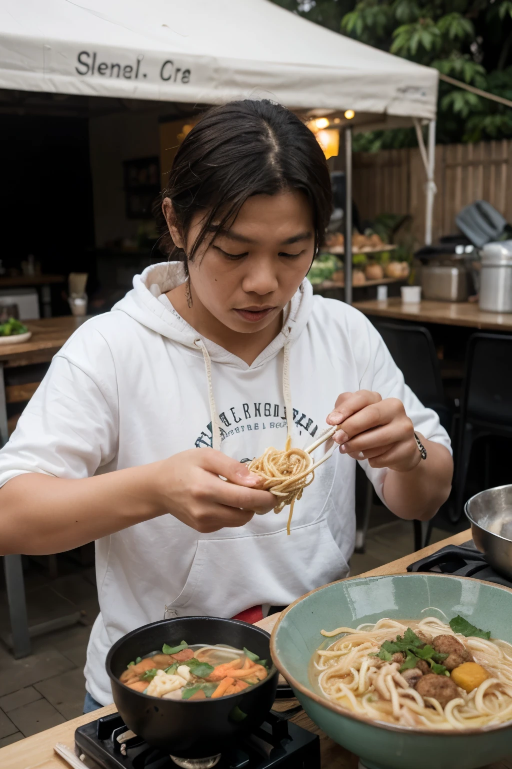 an Indonesian man with curtains hair and hoodie who was eating noodles in a bowl, a pinch of fried noodles in chopsticks was taken from the top of the noodles. Consists of yellowish white fried noodles, chopped chicken, meatballs, green secine leaf vegetables. There is an effect of steaming noodles that are still hot. With a tent stall in the background, many people are eating noodles while drinking iced tea.