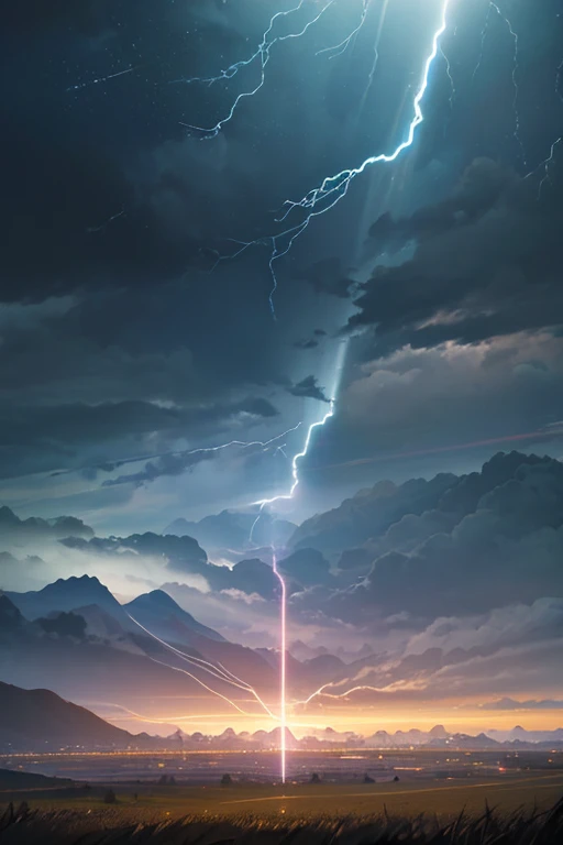 Close-up of light beams in field with mountains in background, interdimensional lightning, Volumetric lightning, lightning arc plasma, Explosive Lightning Spell, sky falling, volumetric lightening, upper volume lightning, a little lightning, spirits coming out of portal, Cinematic lightning and color, Detailed lights and thunder, 戏剧性的Volumetric lightning