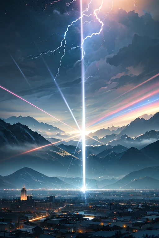 Close-up of light beams in field with mountains in background, interdimensional lightning, Volumetric lightning, lightning arc plasma, Explosive Lightning Spell, sky falling, volumetric lightening, upper volume lightning, a little lightning, spirits coming out of portal, Cinematic lightning and color, Detailed lights and thunder, 戏剧性的Volumetric lightning