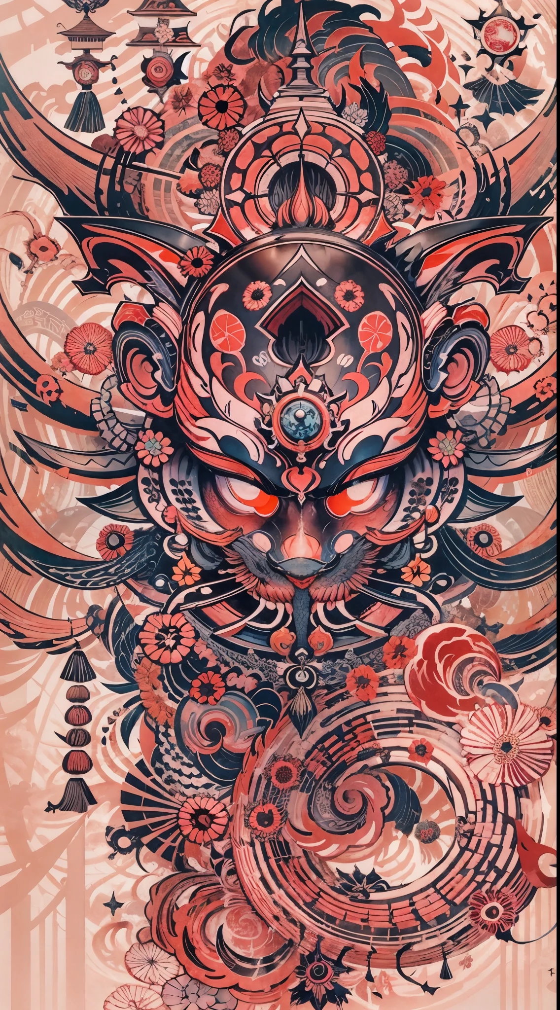 Japanese mythology, Create a Tengu, red mask with long nose, thin and long nose, Japanese straw hats with feathers, 8k, ultra realism, cinematic