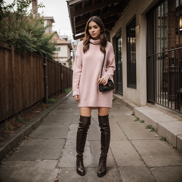 Stylish woolen sweater dress paired with knee-high boots, pink