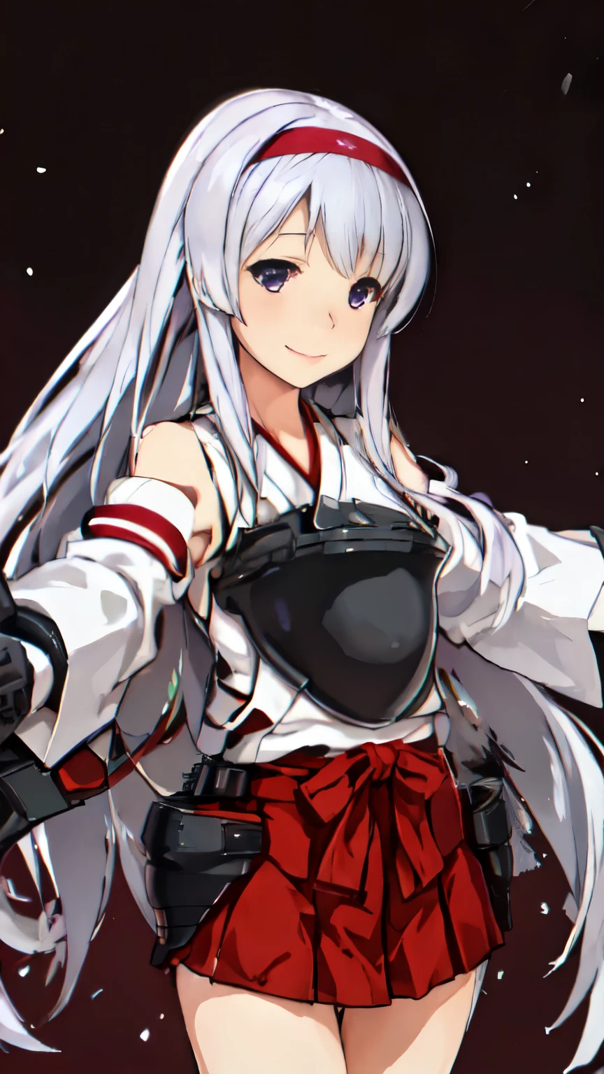 Best Quality, masutepiece, hight resolution, Solo, {_Shokaku {_Kantai Collection:1.15}, long_hair, White_hair, purple_Eyes, muneate, tasuki, Smile, 1girl in , Japanese_Clothes, distortion, , outstretched_Highly detailed arms、extremely detailed eye、extra detailed face、Insanely detailed body、Insanely detailed skin 妖艶な表情 backrooms big bust