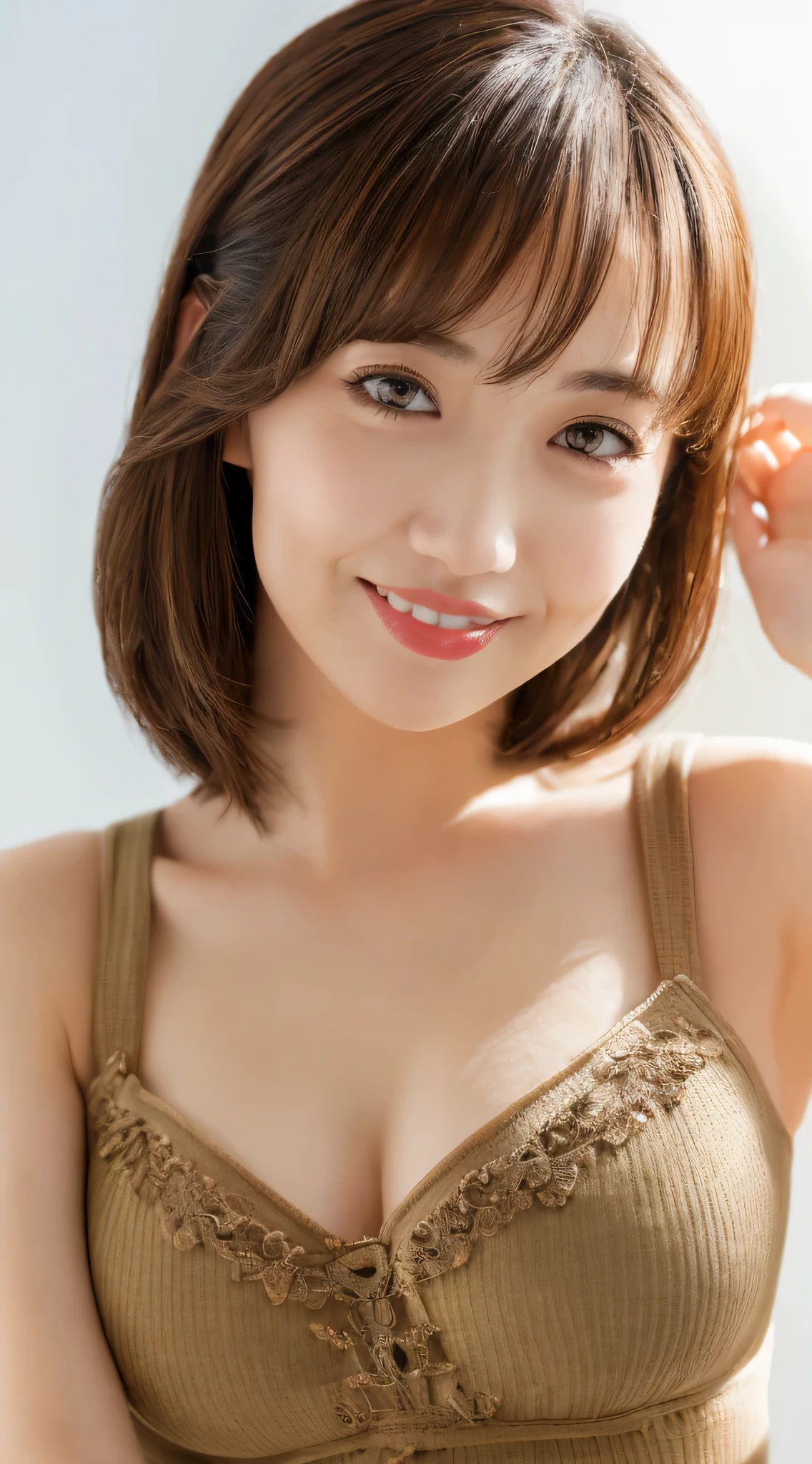 masutepiece, Best Quality, Illustration, Ultra-detailed, finely detail, hight resolution, 8K Wallpaper, Perfect dynamic composition, Beautiful detailed eyes, Women's Fashion Summer,Medium Hair, B-cup breast,(thin-waist),Natural Color Lip, Bold sexy poses,Smile,Harajuku、35-year-old girl、Cute、Sexy shot looking at camera, Brass Strap Display