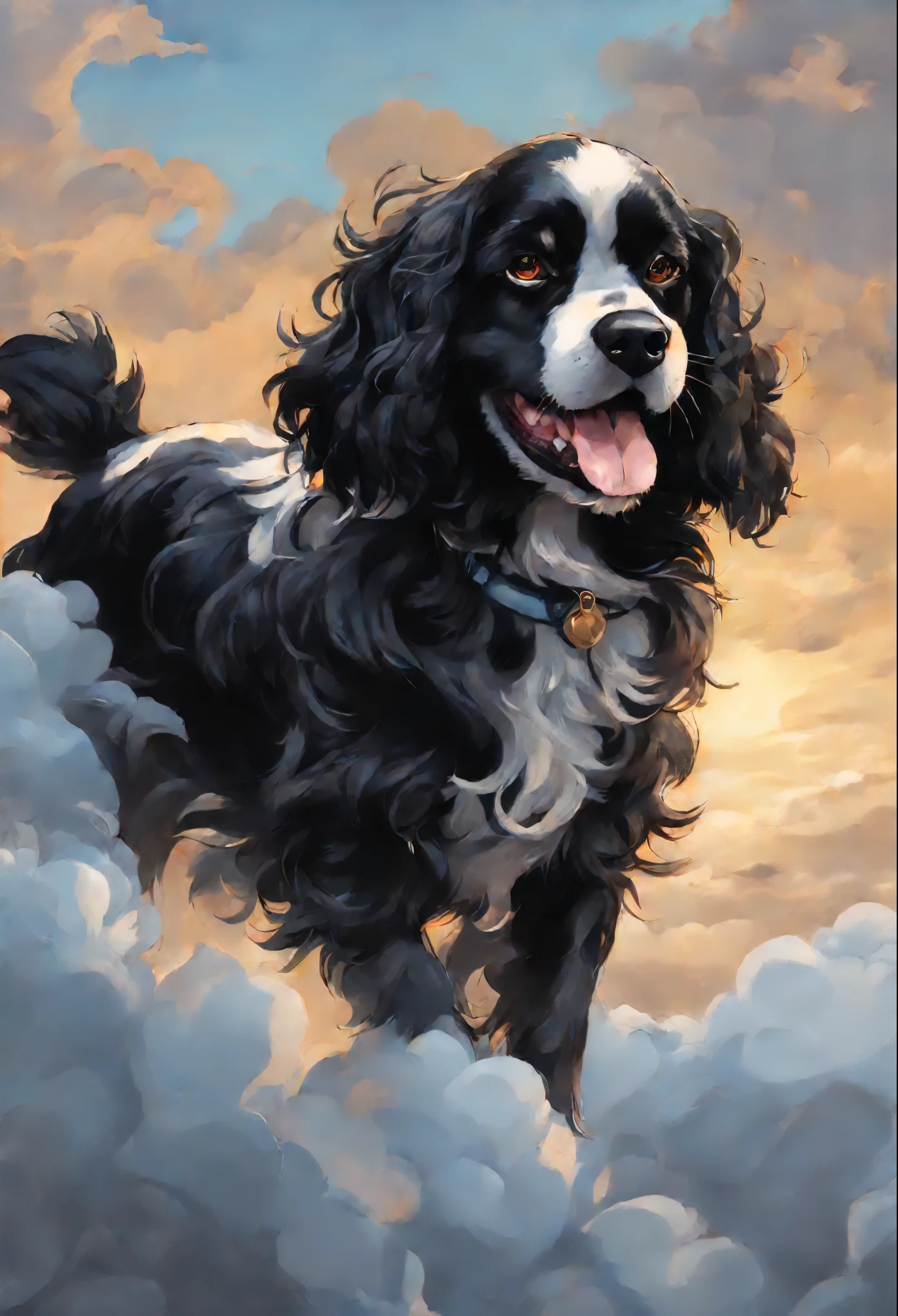 Close-up of a Russian Spaniel dog,  Color (black) runs a race with the clouds, русский спаниель кудрявый runs a race with the clouds, fluffy clouds, casimir art, illustration of shigenori soejima, boris valejo. Smiling Russian Spaniel dog, Detailed drawing of an anime character, подробный anime key figure, Granblue Fantasy, Beautiful Spaniel in Demon Slayer Art, Taisho Roman, A clear portrait of an RPG, Masamune Shiro, anime key figure
