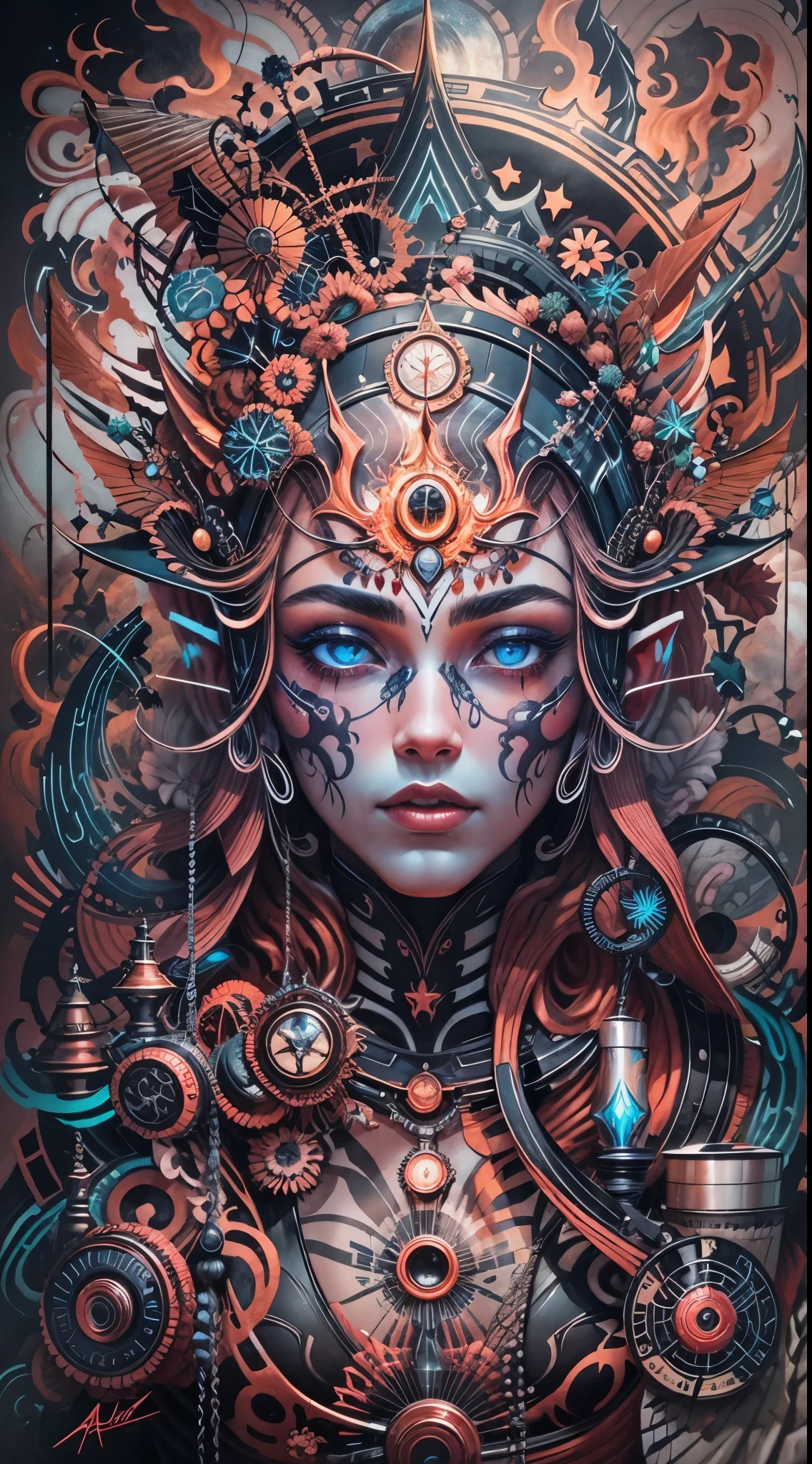 Explosive, otherworldly painting of a shape-shifting deity adorned with chaotic Teslapunk motifs and omnipresent, piercing eyes, a breathtaking amalgamation of fine art and captivating photo collage, mesmerizing poster design:: their appearance exuded the enigmatic allure of Tesla minimalism fused with cosmic chaos:: --ar 9:16 --s 963 --c 9 --q 2 --v 5