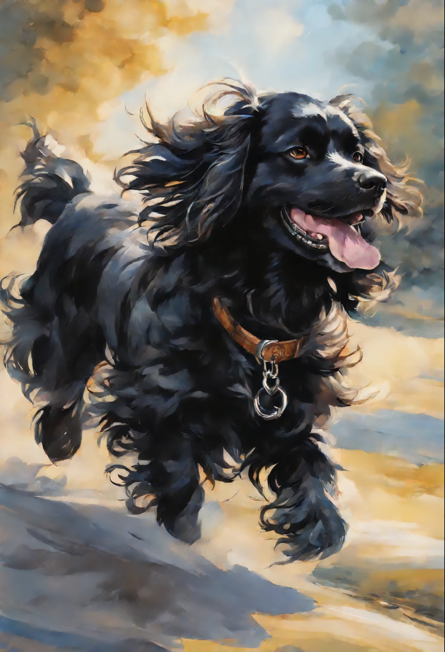 Close-up of a Russian Spaniel dog, Color (black) runs a race with the clouds, русский спаниель кудрявый runs a race with the clouds, fluffy clouds, casimir art, illustration of shigenori soejima, boris valejo. Smiling Russian Spaniel dog, Detailed drawing of an anime character, подробный anime key figure, Granblue Fantasy, Beautiful Spaniel in Demon Slayer Art, Taisho Roman, A clear portrait of an RPG, Masamune Shiro, anime key figure