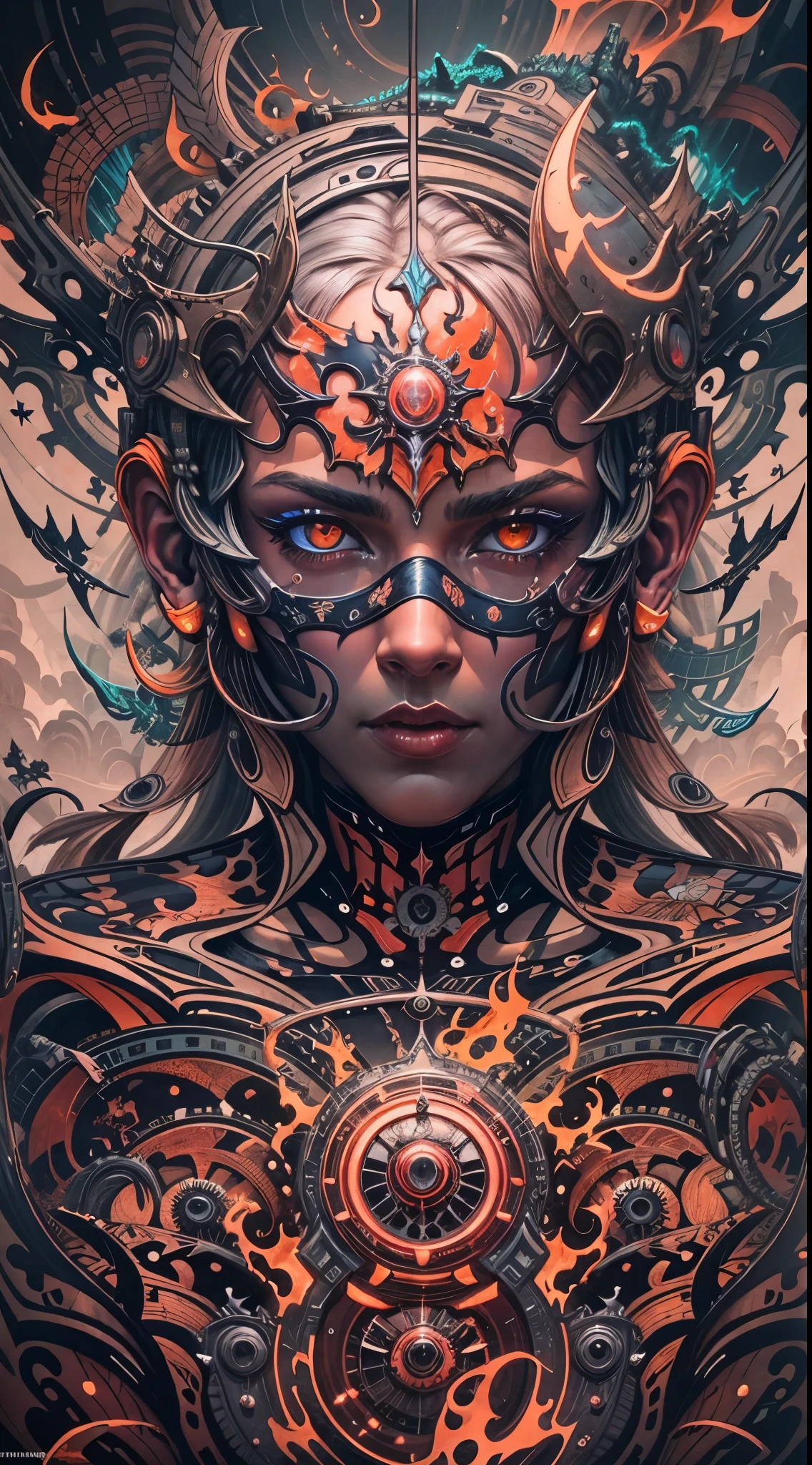 Explosive, otherworldly painting of a shape-shifting deity adorned with chaotic Teslapunk motifs and omnipresent, piercing eyes, a breathtaking amalgamation of fine art and captivating photo collage, mesmerizing poster design:: their appearance exuded the enigmatic allure of Tesla minimalism fused with cosmic chaos:: --ar 9:16 --s 963 --c 9 --q 2 --v 5