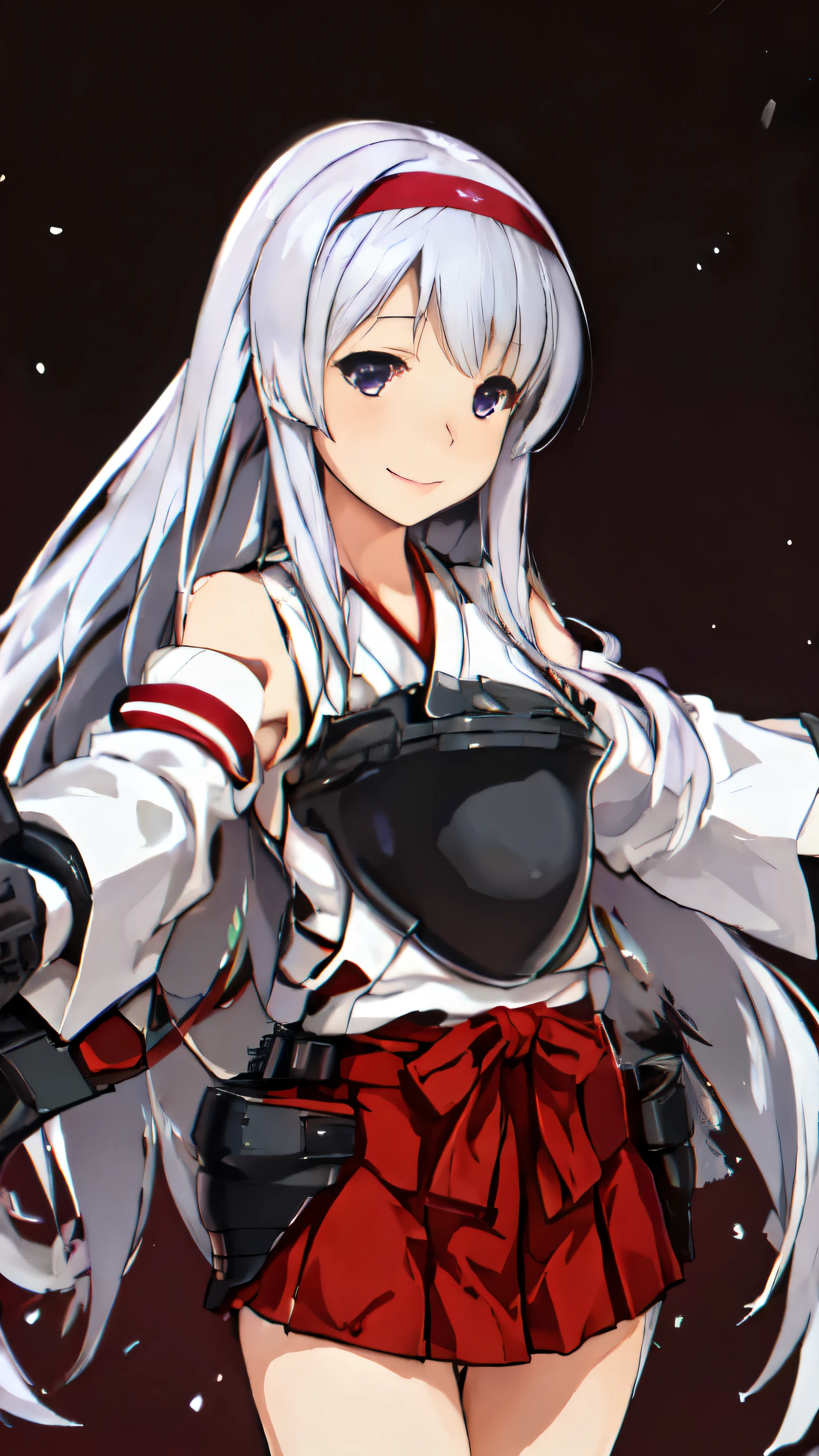 Best Quality, masutepiece, hight resolution, Solo, {_shokaku {_Kantai Collection:1.15}, long_hair, white_hair, Purple_Eyes, muneate, tasuki, Smile, 1girl in , Japanese_Clothes, distortion, , outstretched_Highly detailed arms、extremely detailed eye、extra detailed face、Insanely detailed body、Insanely detailed skin, bewitching expression, and big bust in the back room