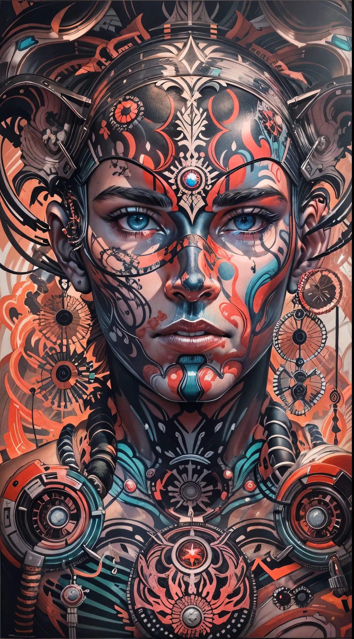 Explosive, otherworldly painting of a shape-shifting deity adorned with chaotic Teslapunk motifs and omnipresent, piercing eyes, a breathtaking amalgamation of fine art and captivating photo collage, mesmerizing poster design:: their appearance exuded the enigmatic allure of Tesla minimalism fused with cosmic chaos:: --ar 9:16 --s 963 --c 9 --q 2 --v 5