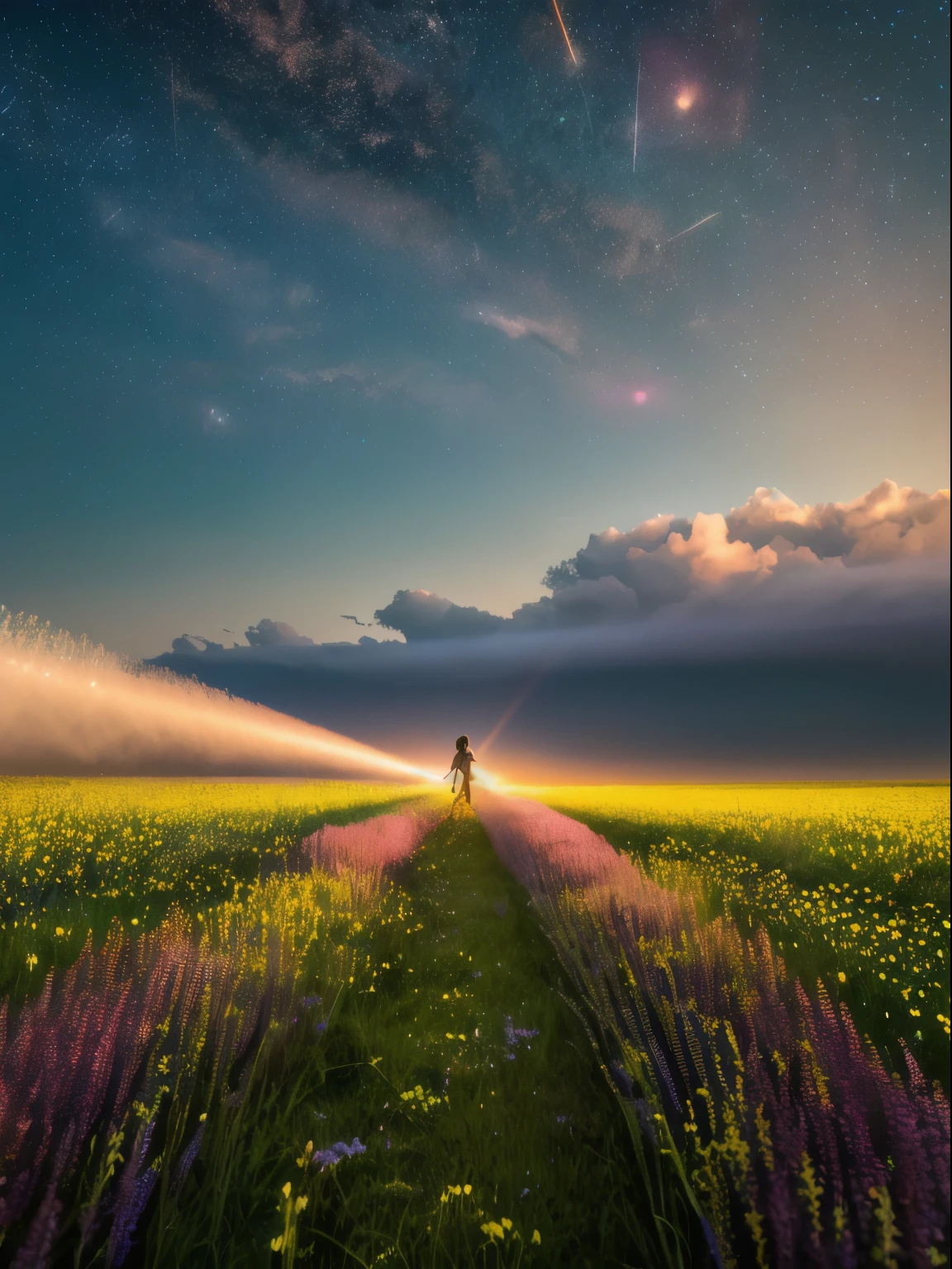 Morning expansive landscape photograph , (a view from below that shows sky above and open field below), a girl standing on flower field near a highway looking up, day view , distant mountain, (cool light source:1.2), ( Fireflies:1.2), (glowing lighting, atmospheric lighting), dreamy, magical, (solo:1.2), blurred fireflies