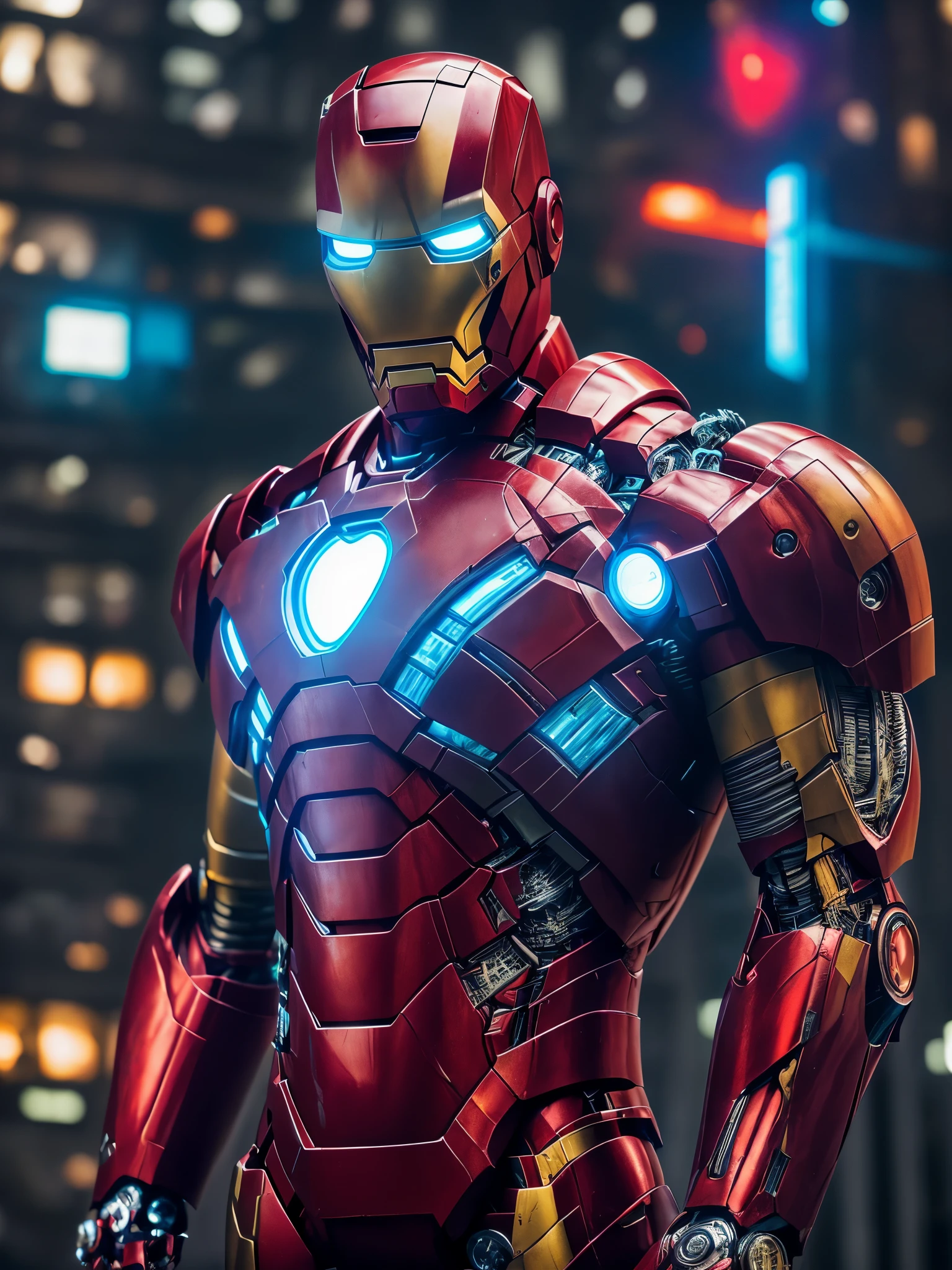 gloomy portrait of Zombie Iron Man from Marvel Comics with intricate angular cybernetic implants inside a brutalist building, gothic brutalist cathedral, cyberpunk, award-winning photo, bokeh, neon lights, cybernetic limb