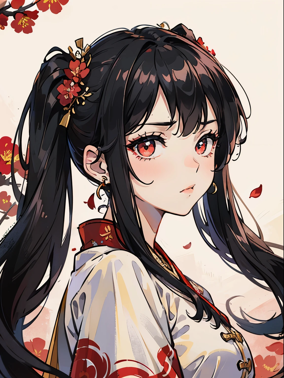 1 girl , black hair, floating hair, twintail, bloody red eyes, starry pupils, intricate damask hanfu with dark color, gorgeous accessories, wearing red earrings, FOV, f1.8, masterpiece, sulking scene, flower petals flying around, front portrait shot, looking the viewer, pouting her mouth