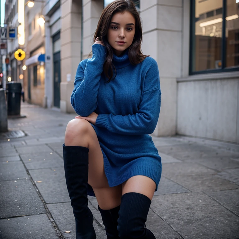 Thin girl wearing Stylish woolen sweater blue dress paired with knee-high boots