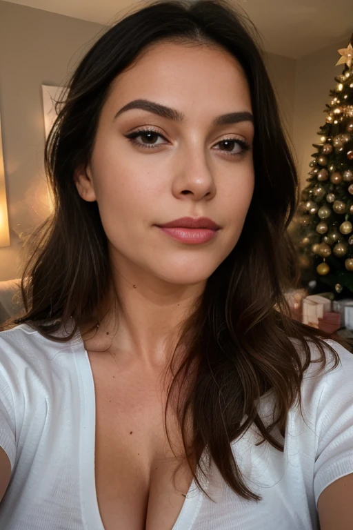 1 woman ((upper body selfie, Christmas tree in background)), saliva coming out of mouth, masterpiece, best quality, ultra-detailed, solo, (night), extremely big breasts, cheerful, happy, high heels, club, tight white shirt, mini scottish shirt, nipple press through shirt, smoke, shadows, contrast, clear sky, style, (warm hue, warm tone: 1.2), close-up, cinematic light, side lighting, ultra high resolution, best shadow, RAW, wearing lingerie, seductive look, huge breasts, 4k, open neckline, sexy, long wavy brawn hair