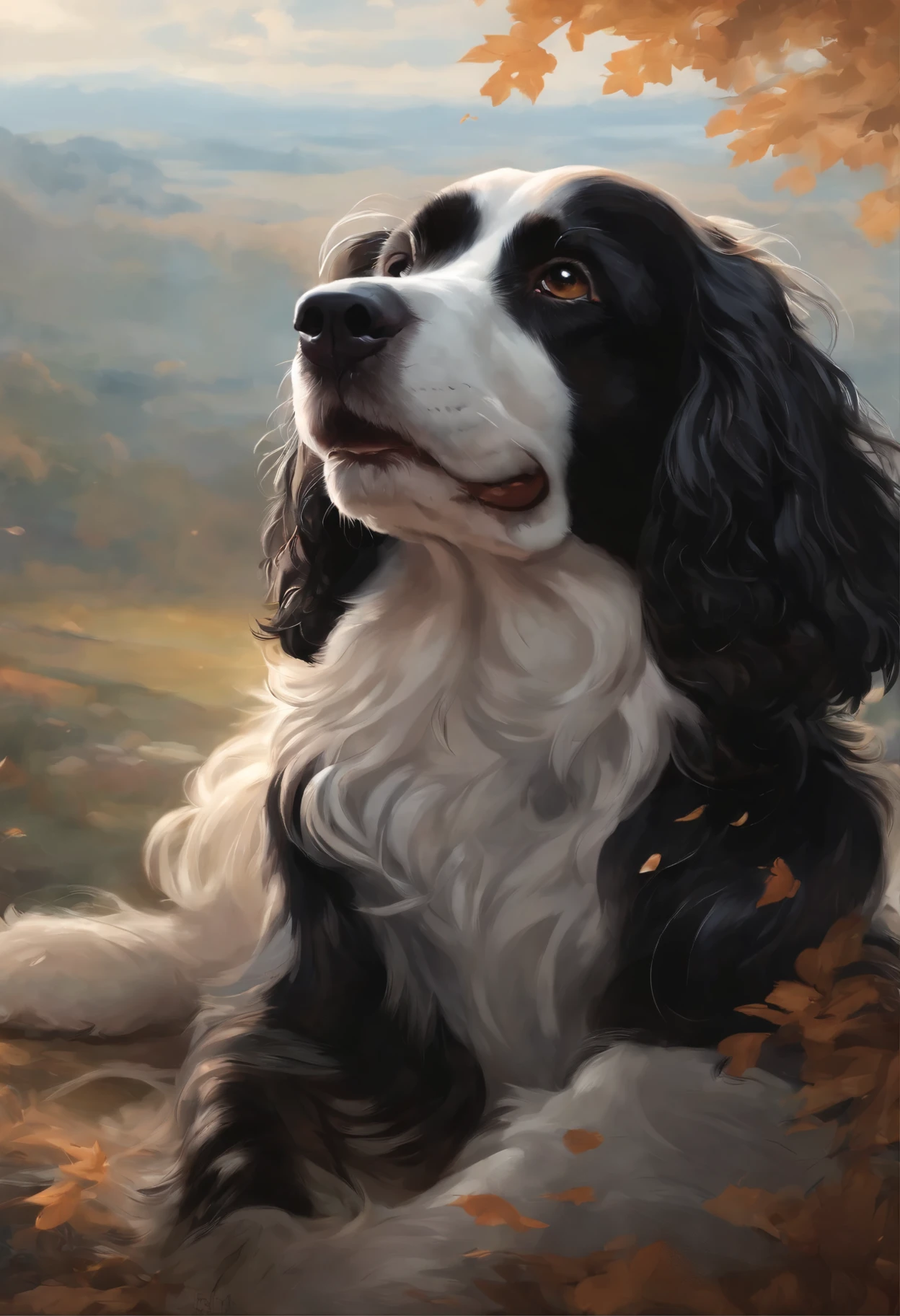 Close-up of a Russian Spaniel dog, Color (black) runs a race with the clouds, русский спаниель кудрявый runs a race with the clouds, fluffy clouds, casimir art, illustration of shigenori soejima, boris valejo. Smiling Russian Spaniel dog, Detailed drawing of an anime character, подробный anime key figure, Granblue Fantasy, Beautiful Spaniel in Demon Slayer Art, Taisho Roman, A clear portrait of an RPG, Masamune Shiro, anime key figure