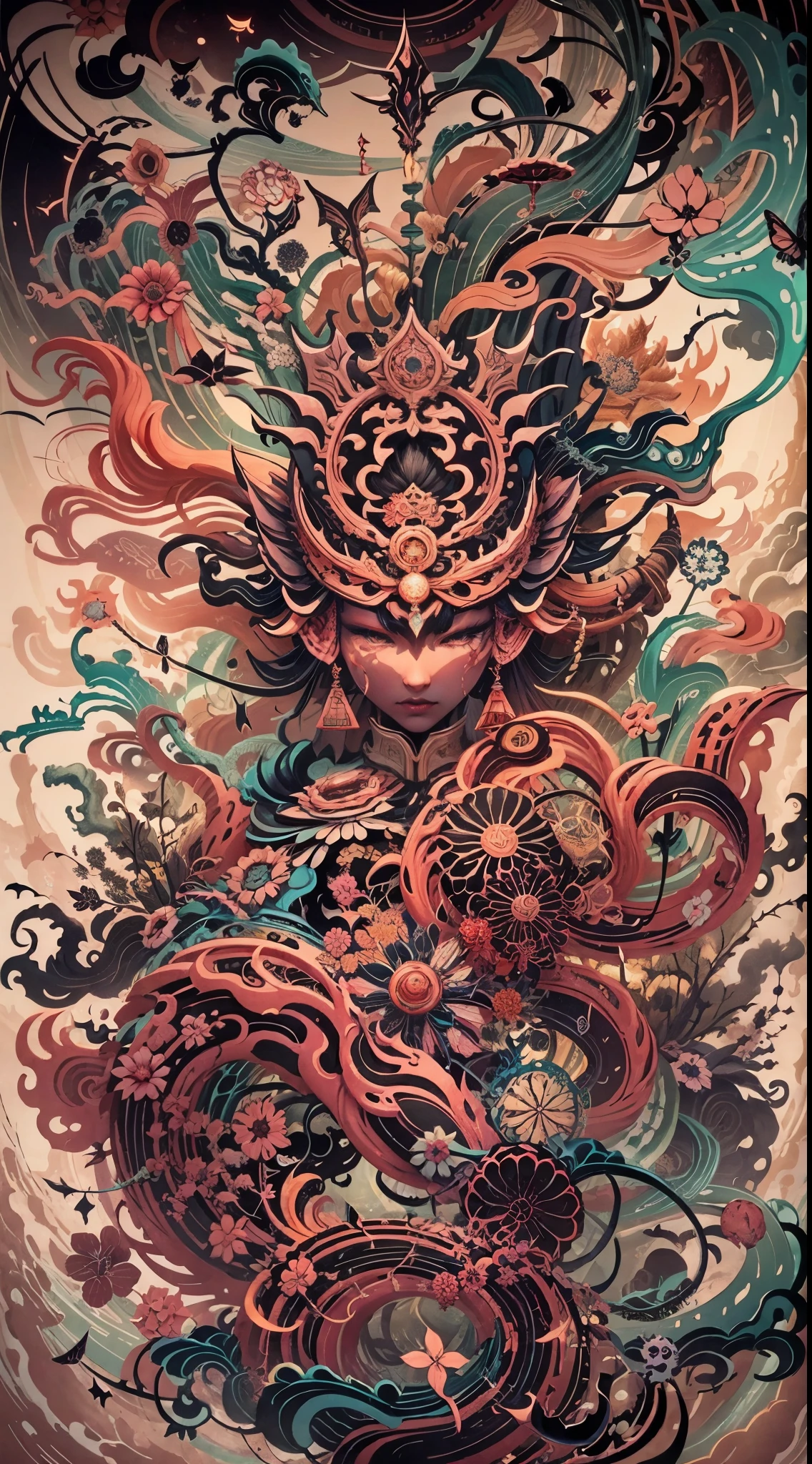 Explosive, otherworldly painting of a shape-shifting deity adorned with chaotic cultivation xianxia motifs and omnipresent, piercing eyes, a breathtaking amalgamation of fine art and captivating photo collage, mesmerizing poster design:: their appearance exuded the enigmatic allure of Chinese minimalism fused with cosmic chaos:: --ar 9:16 --s 963 --c 9 --q 2 --v 5