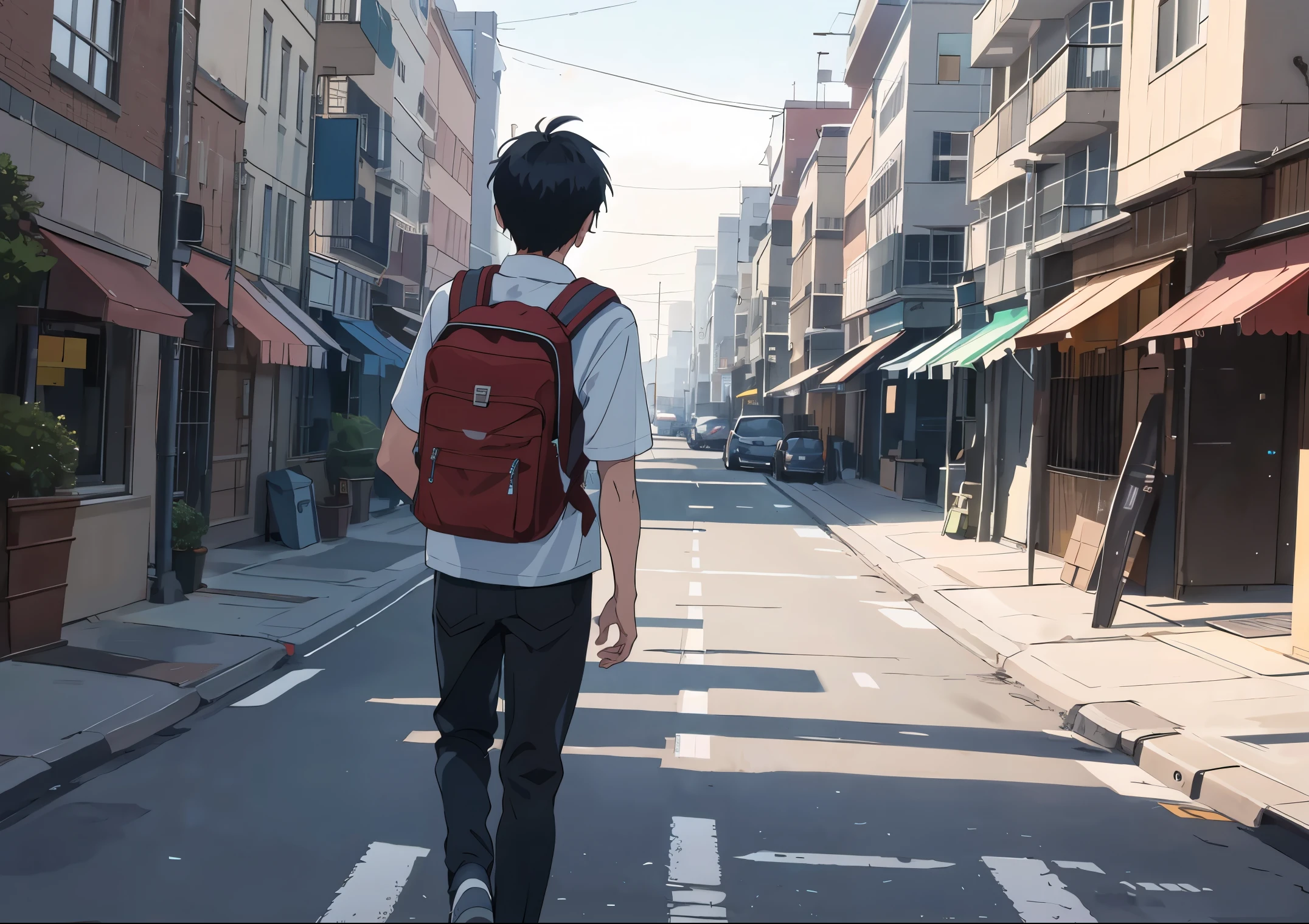 1 boy,,walking on the side of the road, going to school, wearing a backpack