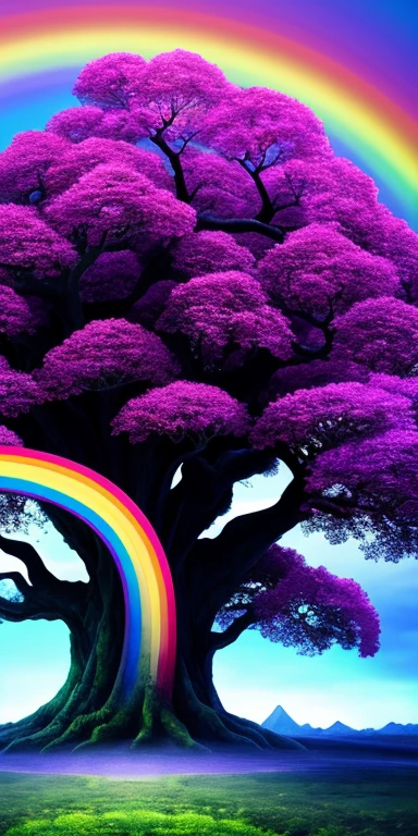 Beautiful, landscape, otherworldly, exotic, utopian, mythological, forest grove, huge central tree, magical, rainbow, fantasy, detailed