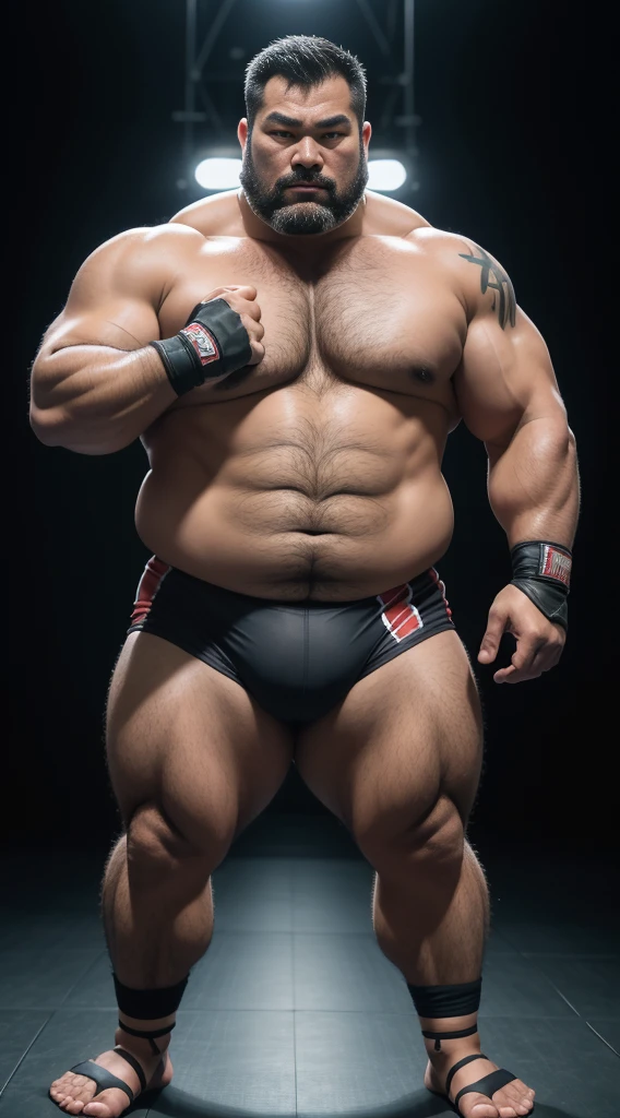 Middle aged，solo person，male people，Muscular wrestler，musculous，Stout wrestler，Asian people，uncle，60岁的Middle aged，short hair，short detailed hair，Wrestling bootull body like，Panorama Figures，WWE Ring，WWE American professional wrestling，spotlight lights，shadowing，Vision，Briefatness，age 55，Short beard,Middle aged，Tattooed with，Fingerless gloves，Wheat-colored skin，Oily skin，dark-skin，Show your pectoral muscles，Sumo wrestler，body builder，Wide sideburns，Pronounced abs，ssmile，Kouzihu，Gray hair，（Full body like：3），Fine hands，solid color backdrop，Plain white background