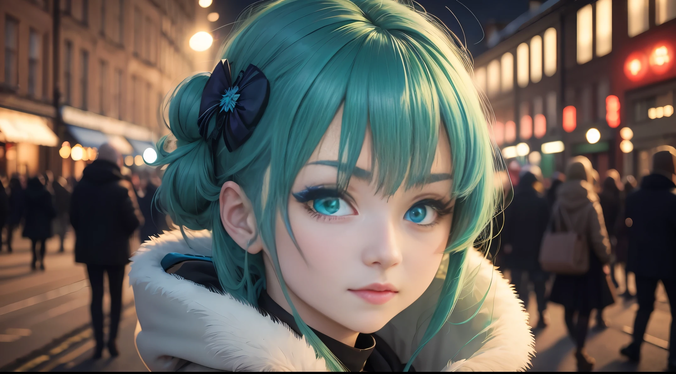 An anime girl with blue-green eyes on a New Year's Eve Edinburgh