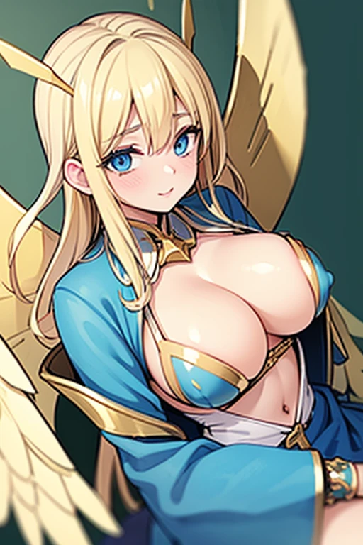 ((Best Quality)), ((Masterpiece)), (detailed), perfect faces, blonde hair, blue eyes, large breast, sexy, gold bra, gold lingerie, gold underwear, cum in pussy, breast milk, angel wings