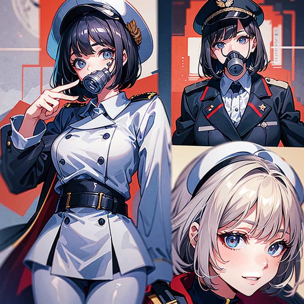 （（（​masterpiece）））、（（（Top image quality）））、（（（top-quality）））、（（highly detailed unity 8ｋwall-paper））、（Illustration of one woman）、30-years old、（Viceroy）、Black hair bob cut、（（（Gas mask covering the mouth）））、Gray eyes、（（（Sanpaku eyes）））、（（（Sanpaku eyes）））、（（Tall））、（（huge tit））、（（Military uniforms））、（（Military Cap））、（（Military coat））、（white  clothes）、（White pants）、（White cap）、trench coat、（（（Inside the spaceship）））