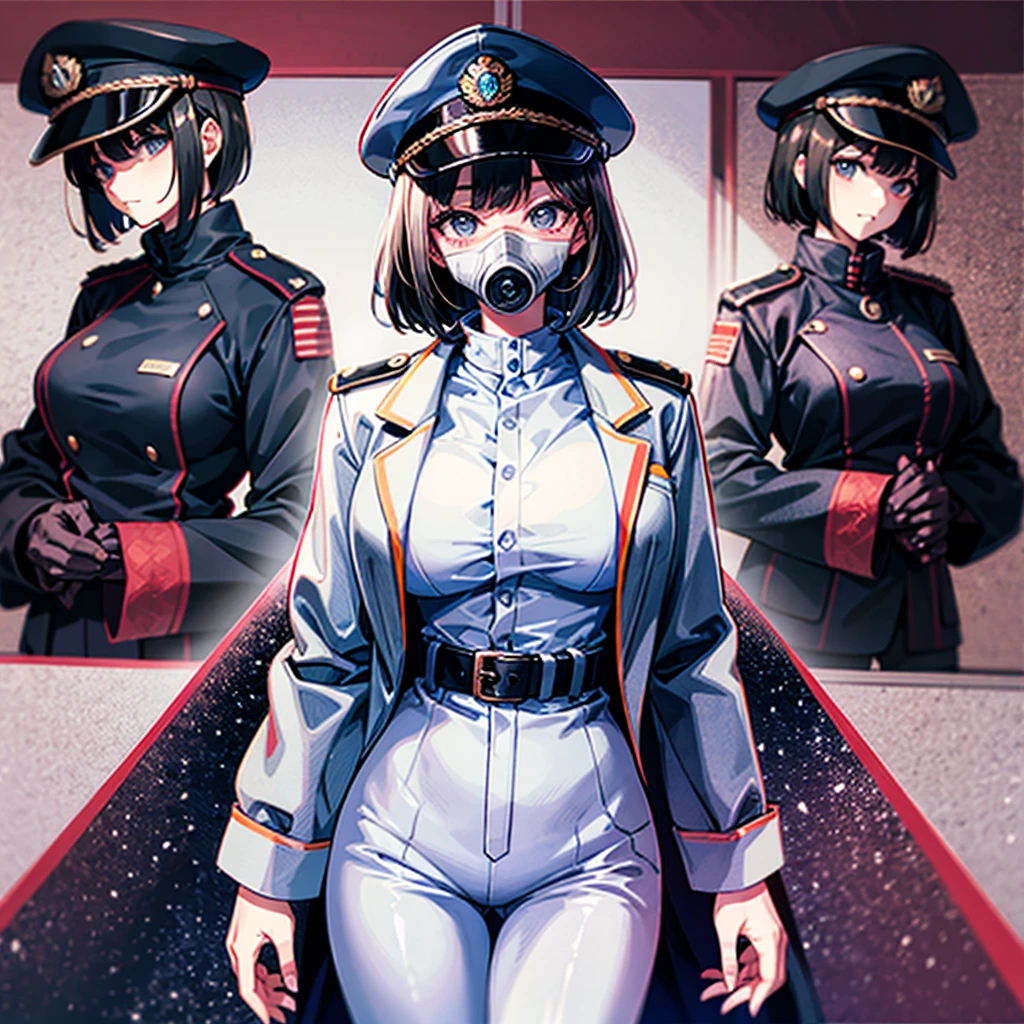 （（（​masterpiece）））、（（（Top image quality）））、（（（top-quality）））、（（highly detailed unity 8ｋwall-paper））、（Illustration of one woman）、30-years old、（Viceroy）、Black hair bob cut、（（（Gas mask covering the mouth）））、Gray eyes、（（（Sanpaku eyes）））、（（（Sanpaku eyes）））、（（Tall））、（（huge tit））、（（Military uniforms））、（（Military Cap））、（（Military coat））、（white  clothes）、（White pants）、（White cap）、trench coat、（（（Inside the spaceship）））
