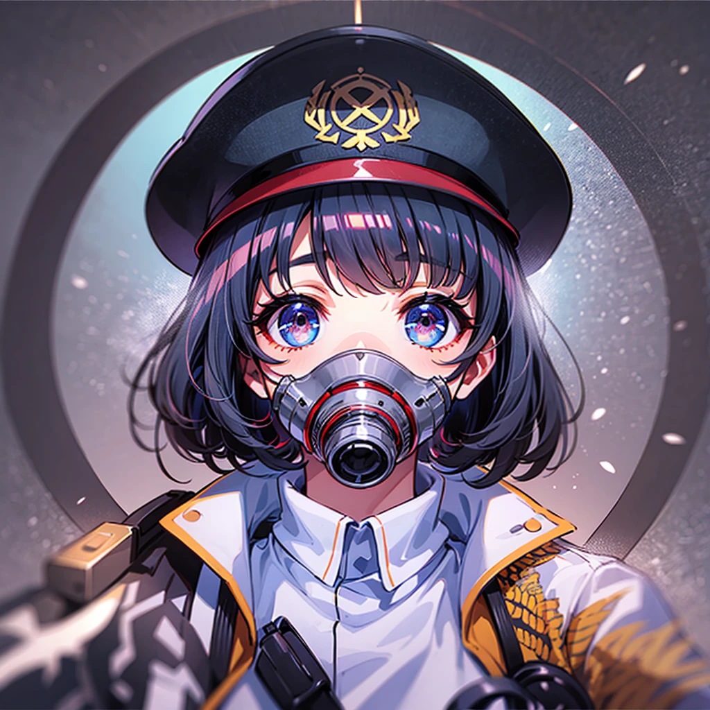 （（（​masterpiece）））、（（（Top image quality）））、（（（top-quality）））、（（highly detailed unity 8ｋwall-paper））、（Illustration of one woman）、30-years old、（Viceroy）、Black hair bob cut、（（（Gas mask covering the mouth）））、Gray eyes、（（（Sanpaku eyes）））、（（（Sanpaku eyes）））、（（Tall））、（（huge tit））、（（Military uniforms））、（（Military Cap））、（（Military coat））、（white  clothes）、（White pants）、（White cap）、trench coat、（（（Inside the spaceship）））
