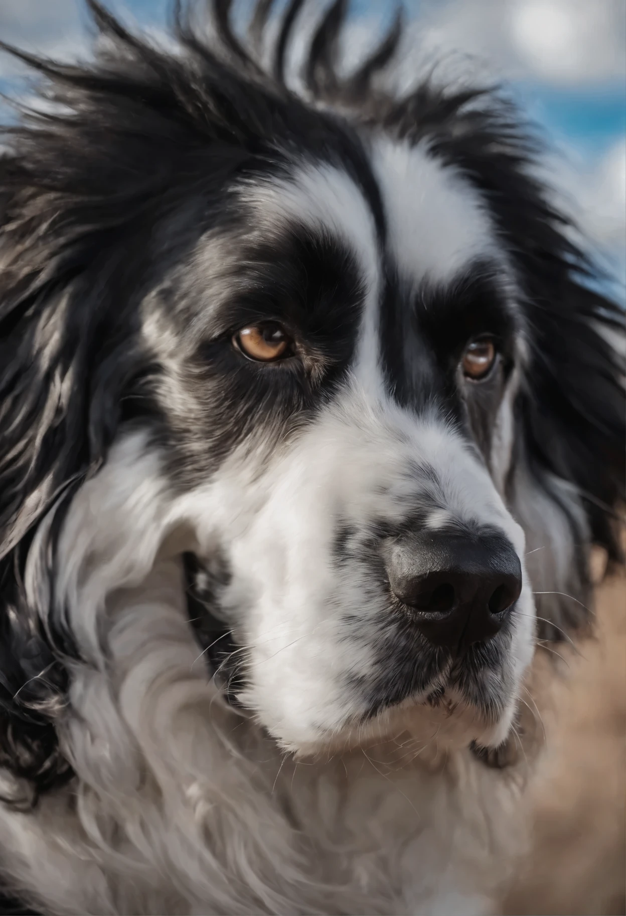 Close-up of a Russian Spaniel dog,  Color (black) runs a race with the clouds, русский спаниель кудрявый runs a race with the clouds, fluffy clouds, casimir art, illustration of shigenori soejima, boris valejo. Smiling Russian Spaniel dog, Detailed drawing of an anime character, подробный anime key figure, Granblue Fantasy, Beautiful Spaniel in Demon Slayer Art, Taisho Roman, A clear portrait of an RPG, Masamune Shiro, anime key figure