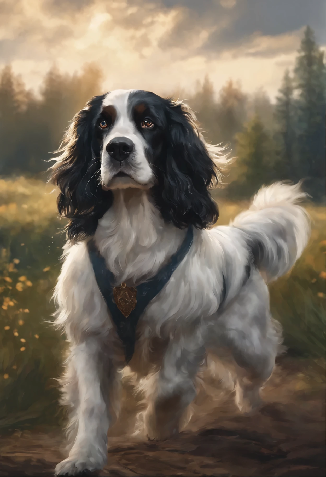 Close-up of a Russian Spaniel dog, Color (black) runs a race with the clouds, русский спаниель кудрявый runs a race with the clouds, fluffy clouds, casimir art, illustration of shigenori soejima, boris valejo. Smiling Russian Spaniel dog, Detailed drawing of an anime character, подробный anime key figure, Granblue Fantasy, Beautiful Spaniel in Demon Slayer Art, Taisho Roman, A clear portrait of an RPG, Masamune Shiro, anime key figure
