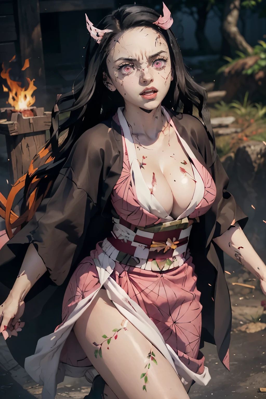 (ultra realistic photo of Nezuko kamado goddess of beauty, bright pink eyes, angry angry expression, she has a horn, 8k, UHD, hottie with ultra giant breasts, huge long breasts sticking out of her kimono, erotic, with long black hair and orange tips, sexy pink japanese kimono ), Nezuko with a piece of bamboo stuck up her ass, (Nezuko, Nezuko-chan, Demon Slayer art style, kimetsu on yaiba),  female anime character, (Nezuko, in her demon form, Huge breasts, giant long breasts sticking out of her clothes, her breasts stick out of her kimono, showing beautiful pointy breasts), ( she has leaf tattoos running down her sexy erotic body), Demon Slayer fanart, wielding kunai, clean and detailed anime art, a very beautiful woman, by Kamagurka, professional art, perfect detailed, (Nezuko kamado in her demonic form, based on the demon slayer kimetsu no yaiba), cleavage、((Flames flutter、be covered in sparkire burns))