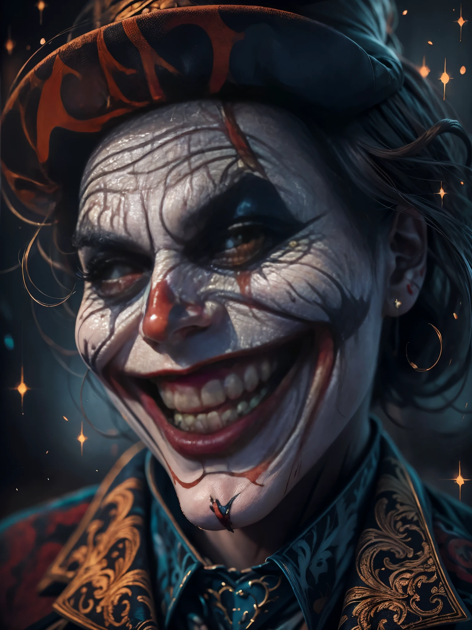 ((best quality)) , ((masterpiece)) ,(((Fantasy illustration))),Close-up portrait of a figure with a Joker-inspired smiling face, eerie and mysterious atmosphere, detailed facial paint in vibrant colors, showcasing the iconic red smile and haunting eyes, high-resolution, (photo-realistic:1.4), (hyperrealistic:1.5), (dramatic lighting:1.2), (intense, captivating gaze:1.3), (intricate facial details:1.4), emphasizing the theatrical and dramatic makeup, (masterpiece:1.2), (sinister charm:1.3),8k resolution