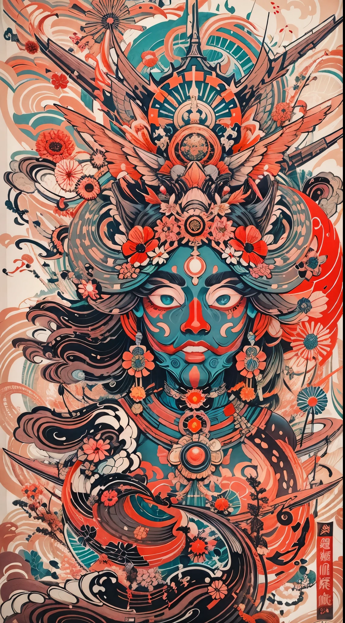 Explosive, otherworldly painting of a shape-shifting deity adorned with chaotic Sengoku Judai motifs and omnipresent, piercing eyes, a breathtaking amalgamation of fine art and captivating photo collage, mesmerizing poster design:: their appearance exuded the enigmatic allure of Japanese minimalism fused with cosmic chaos:: --ar 9:16 --s 963 --c 9 --q 2 --v 5