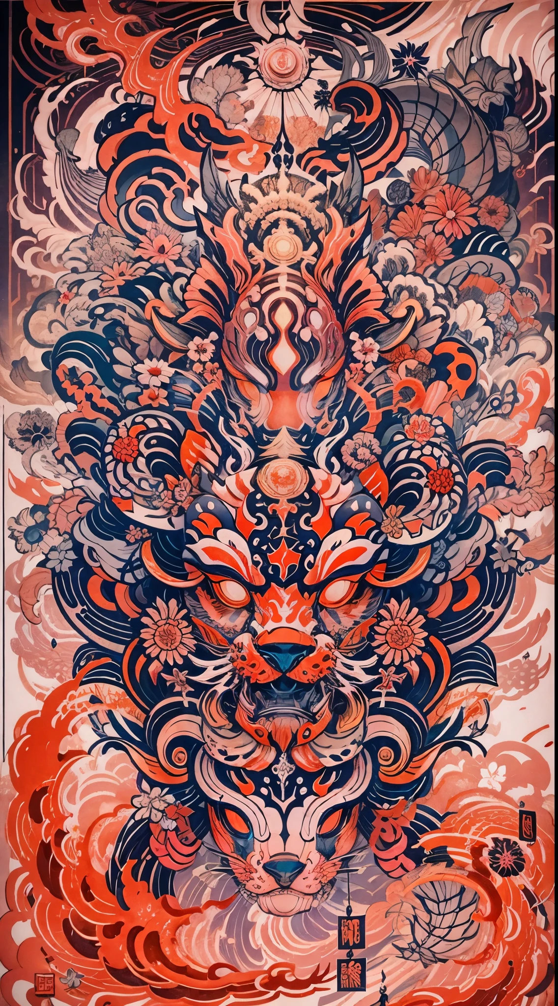 Explosive, otherworldly painting of a shape-shifting deity adorned with chaotic Sengoku Judai motifs and omnipresent, piercing eyes, a breathtaking amalgamation of fine art and captivating photo collage, mesmerizing poster design:: their appearance exuded the enigmatic allure of Japanese minimalism fused with cosmic chaos:: --ar 9:16 --s 963 --c 9 --q 2 --v 5