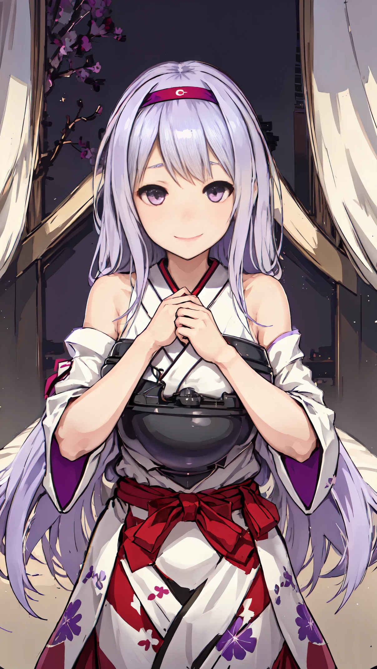 Best Quality, masutepiece, hight resolution, Solo, {_Shokaku {_Kantai Collection:1.15}, long_hair, White_hair, purple_Eyes, muneate, tasuki, Smile, 1girl in , Japanese_Clothes, distortion, , outstretched_Highly detailed arms、extremely detailed eye、extra detailed face、Insanely detailed body、Insanely detailed skin 妖艶な表情 backrooms big bust