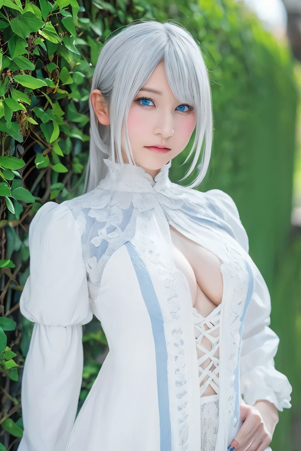 ((High quality)),masutepiece,(Detailed depiction of local details:1.2),1girl in,Blue eyes,large full breasts,Closed mouth,Eyelashes,Looking at Viewer,Portrait,Solo,Upper body,White hair,White theme,lolita costume costume, Casual pose, Photorealistic horny girl rendering, hyper realisitic , seductive horny girl