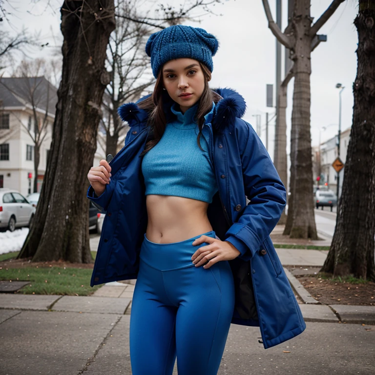 Thin girl wearing Blue Fitted coat with a fur collar and matching leggings