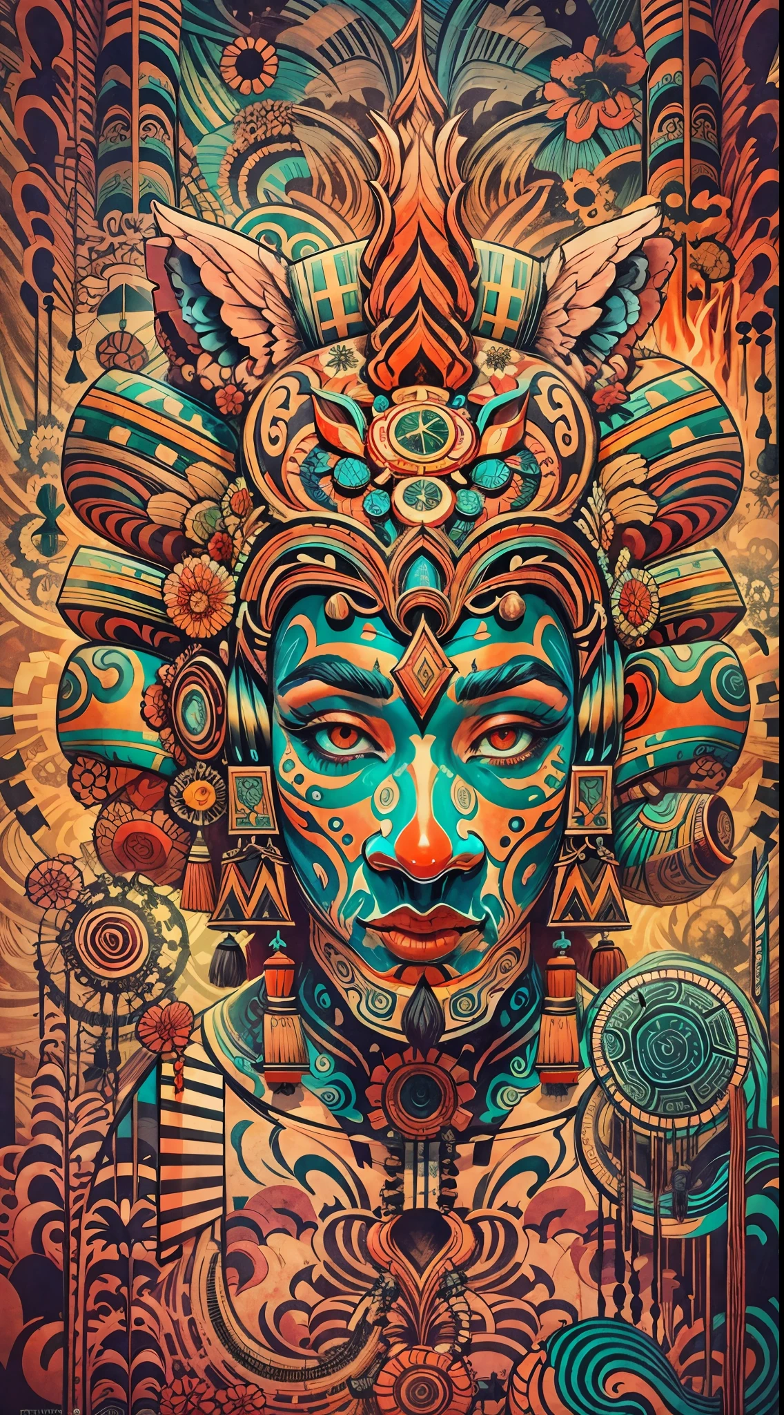 Explosive, otherworldly painting of a shape-shifting deity adorned with chaotic Mayans motifs and omnipresent, piercing eyes, a breathtaking amalgamation of fine art and captivating photo collage, mesmerizing poster design:: their appearance exuded the enigmatic allure of ancient Mayan minimalism fused with cosmic chaos:: --ar 9:16 --s 963 --c 9  --q 2  --v 5