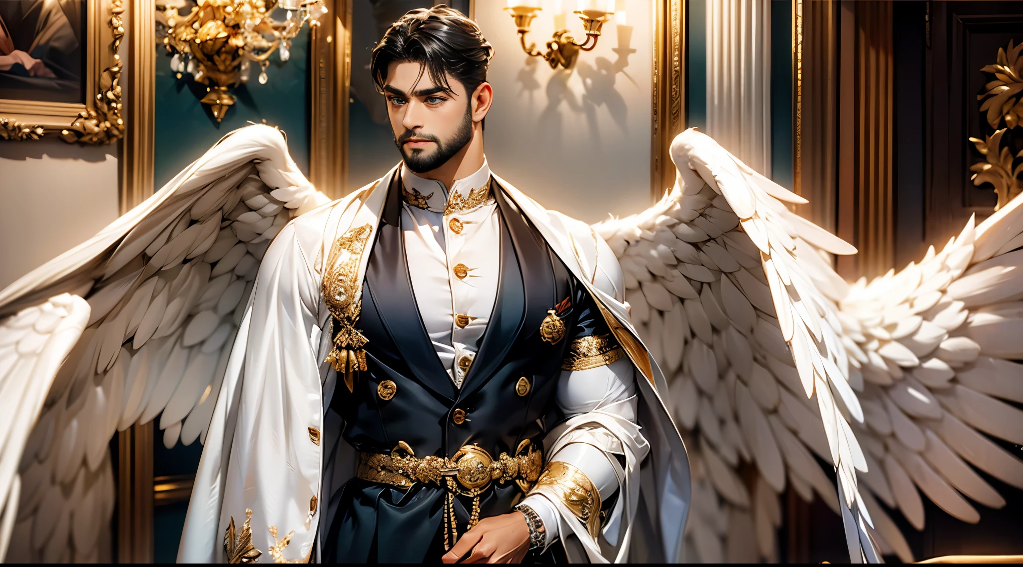 (best quality,ultra-detailed,realistic:1.37), Daegan Tronos Character(1), handsome, dark skin, dark-tanned, perfect wings angel, symmetrical wings,blue eyes,small beard, medium-long haircut, black modern outfit, leather belts, attractive, ancient greek posture, beautiful male posture.