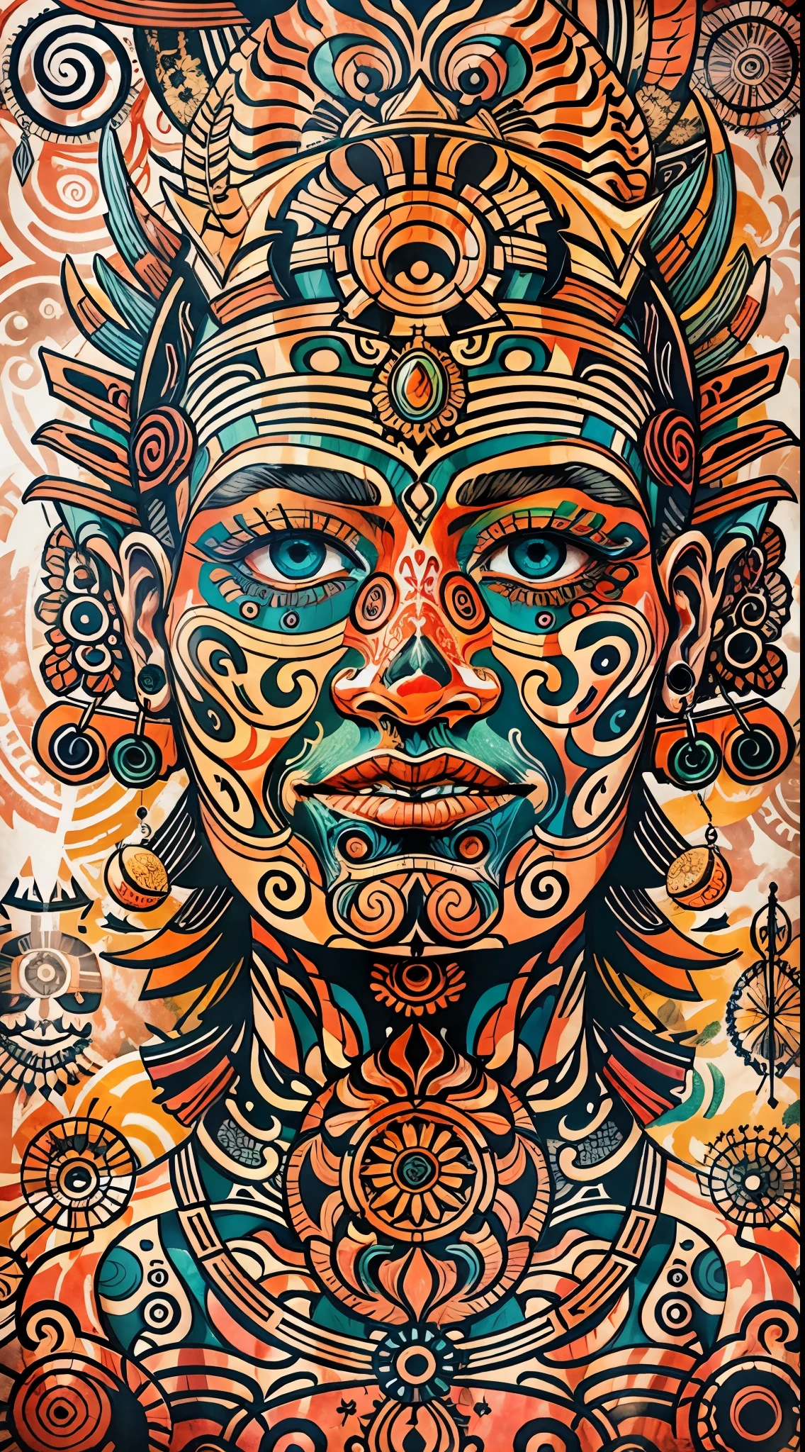 Explosive, otherworldly painting of a shape-shifting deity adorned with chaotic Mayans motifs and omnipresent, piercing eyes, a breathtaking amalgamation of fine art and captivating photo collage, mesmerizing poster design:: their appearance exuded the enigmatic allure of ancient Mayan minimalism fused with cosmic chaos:: --ar 9:16 --s 963 --c 9 --q 2 --v 5