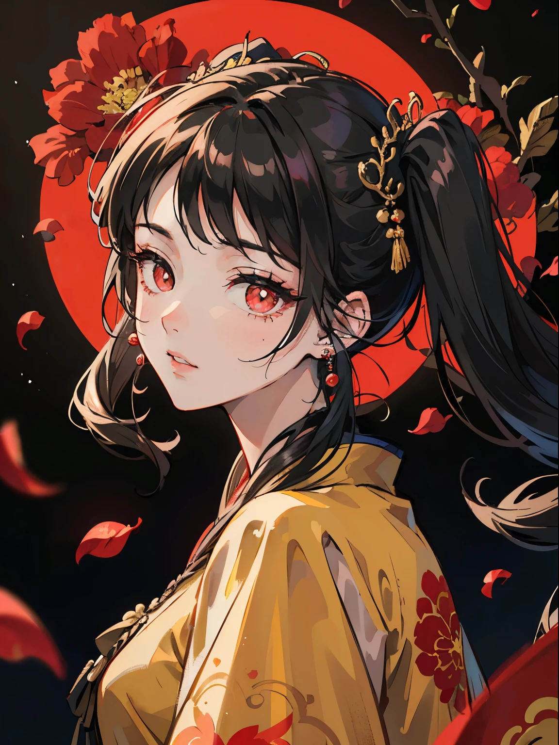 1 girl , black hair, floating hair, twintail, bloody red eyes, starry pupils, intricate damask hanfu with dark color, gorgeous accessories, wearing red earrings, FOV, f1.8, masterpiece, complex scene, flower petals flying around, front portrait shot, looking the viewer, giving a flower to the viewer