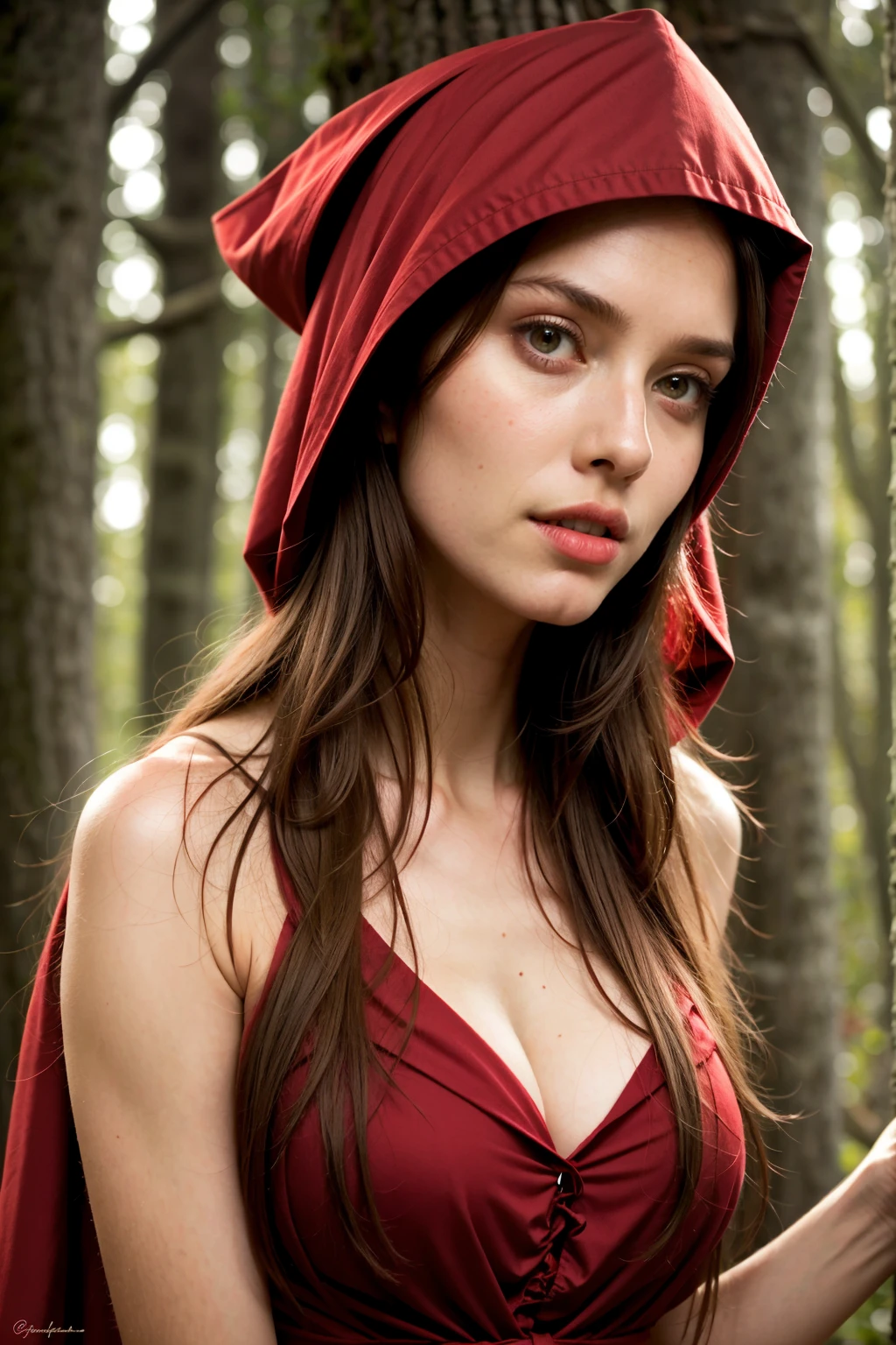 (((topless)))(((a naked))) Red Riding Hood,illustration,wolf,dark forest,beautiful girl,surprised expression,detailed eyes and lips,best quality,ultra-detailed,fairy tale fantasy,enchanted atmosphere,warm color tone,soft lighting