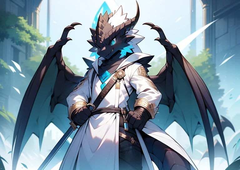 A dark black dragon,dark black wings,dark black tail,Turquoise eyes。Wearing a white coat,He wears a short sword at his waist,is a biological scientist