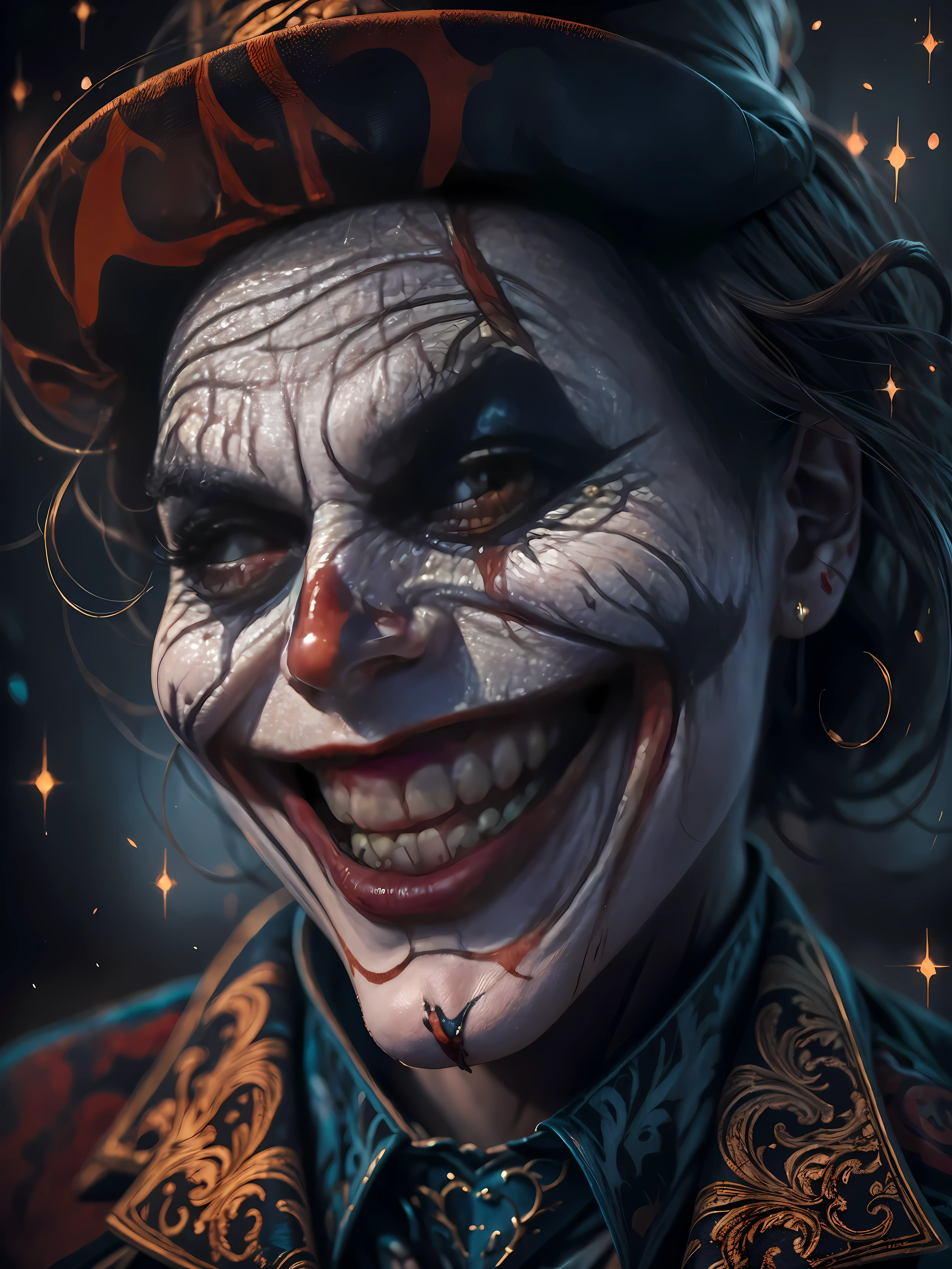 ((Best quality at best)) , ((tmasterpiece)) ,(((Fantasy illustration))),Close-up portrait of a character with a clown style smiling face, Weird and mysterious atmosphere, Detailed face painting in vibrant colors, Showcasing that iconic red smile and haunting eyes, A high resolution, (Photorealistic:1.4), (Hyper-realistic:1.5), (dramatic lights:1.2), (drastic, captivatinggaze:1.3), (intricate face details:1.4), Emphasis on dramatic makeup, (tmasterpiece:1.2), (insidious charm:1.3),8K分辨率