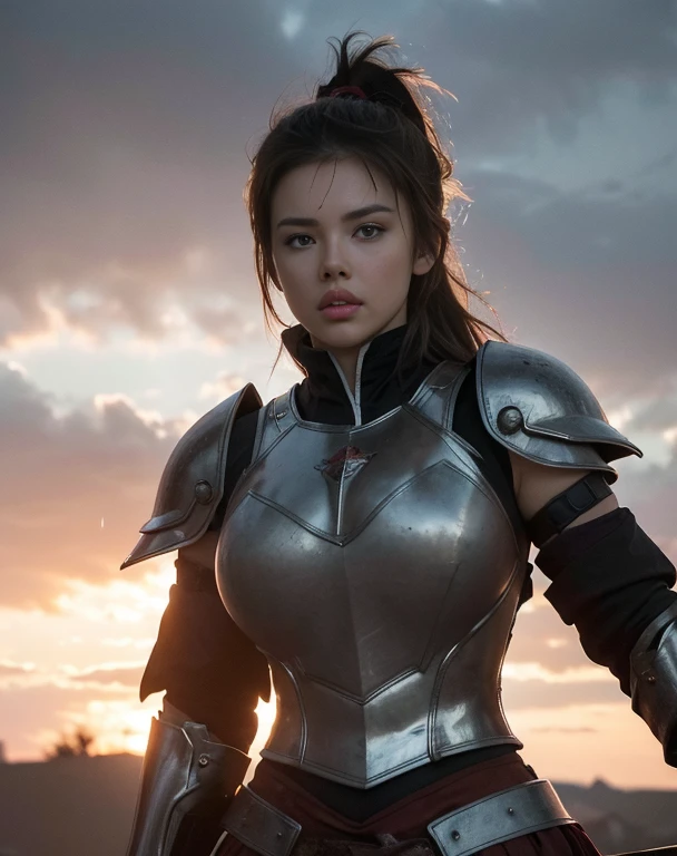 (ultra - detailed:1.2, tmasterpiece:1.2, Best quality at best:1.2, A high resolution:1.2), warzone background, scenecy, rained, 1 girl, The large, Brown hair, pony tails, revealing armor clothing, exposed breastplate, dirty face, blood stain, Gloomy sky,